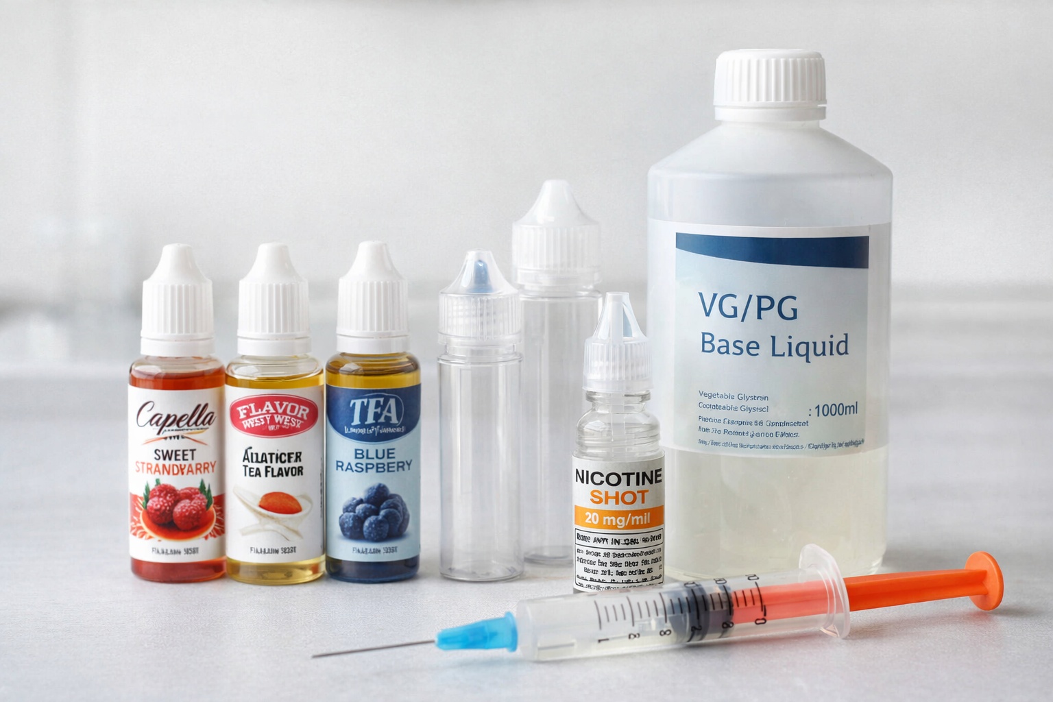 Mix your own e-liquid with flavor concentrates, base liquid and measuring tools